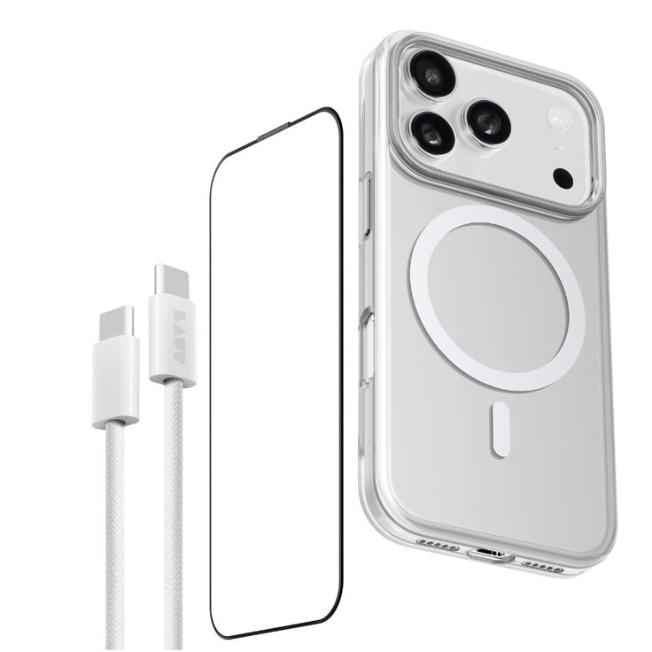 LAUT Crystal Clear Case + Prime Glass Edge + Cable (Bundle Pack) for iPhone 17/ Air / 17 Pro / 17 Pro Max